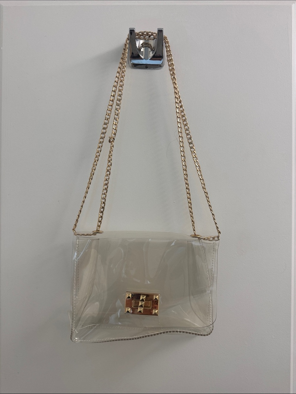 Clear PVC Shoulder Bag with Gold Chain and Stud Accent